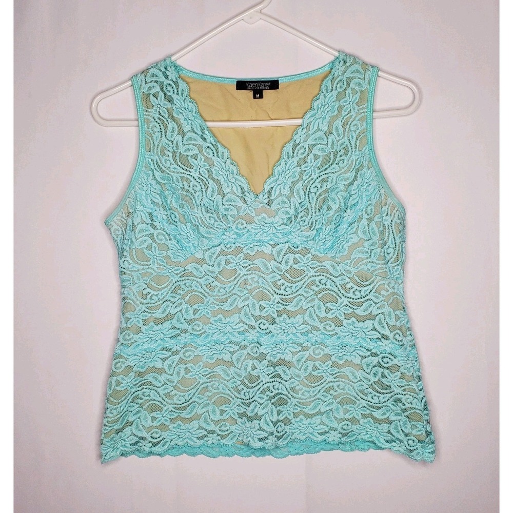 Karen Kane Lace Empire Tank Top Women Petite Medium Aqua Coquette Vtg Y2K